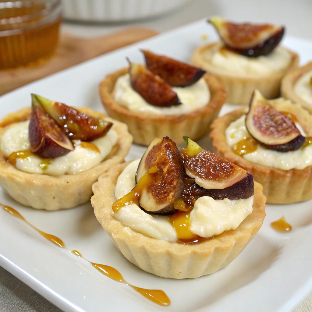 A plate of fig and goat cheese tartlets topped with fresh figs and honey.