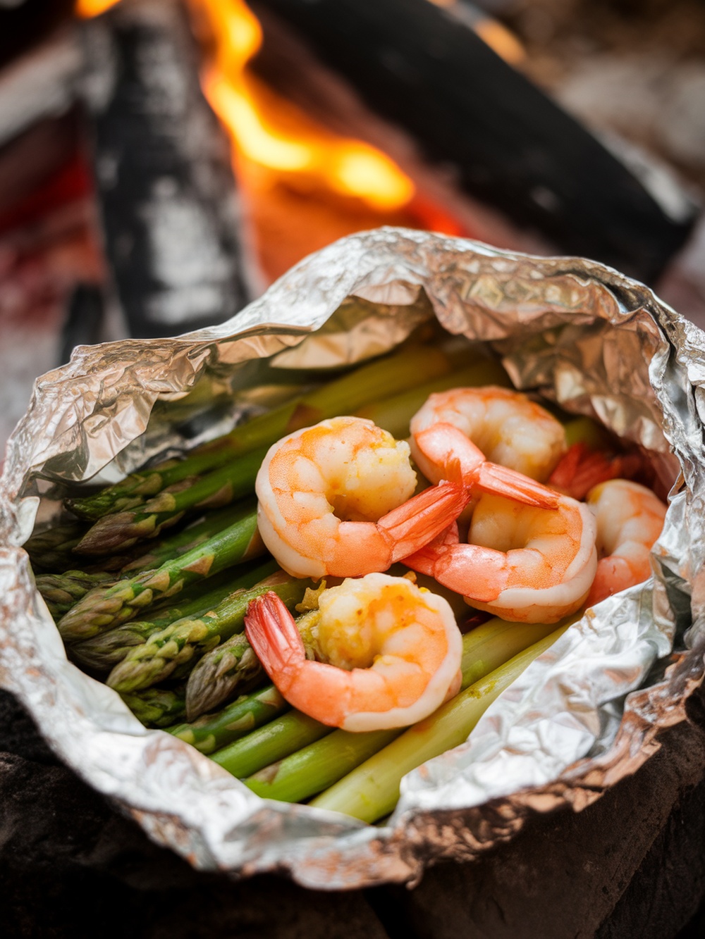 24 Quick and Easy Dinners for Your Next Camping Trip 14 Foil packet with shrimp and asparagus cooking over a campfire.
