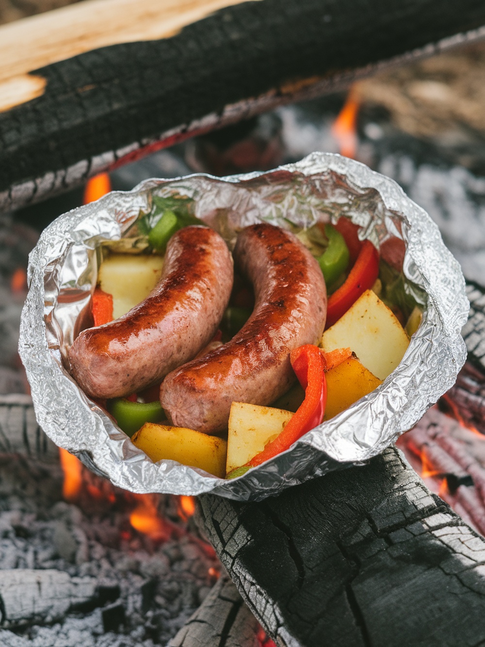 24 Quick and Easy Dinners for Your Next Camping Trip 19 Foil packet with sausages, potatoes, and peppers cooking over a campfire.