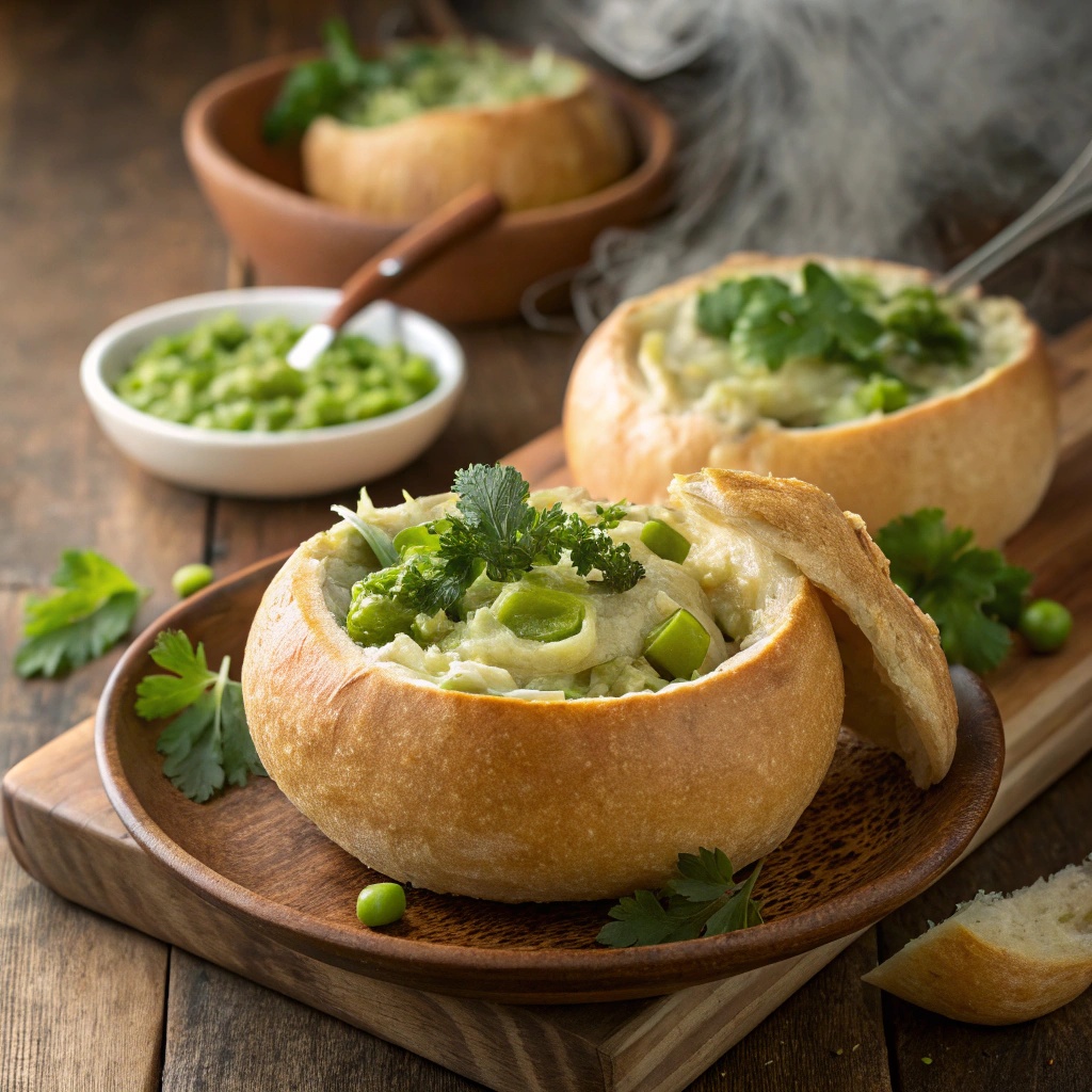 A warm bowl of herb-infused pottage served in a bread bowl, garnished with parsley.