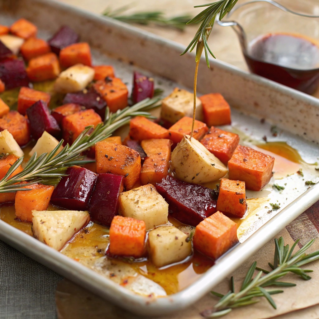 A tray of honey-roasted root vegetables including carrots, parsnips, and beets, garnished with rosemary.
