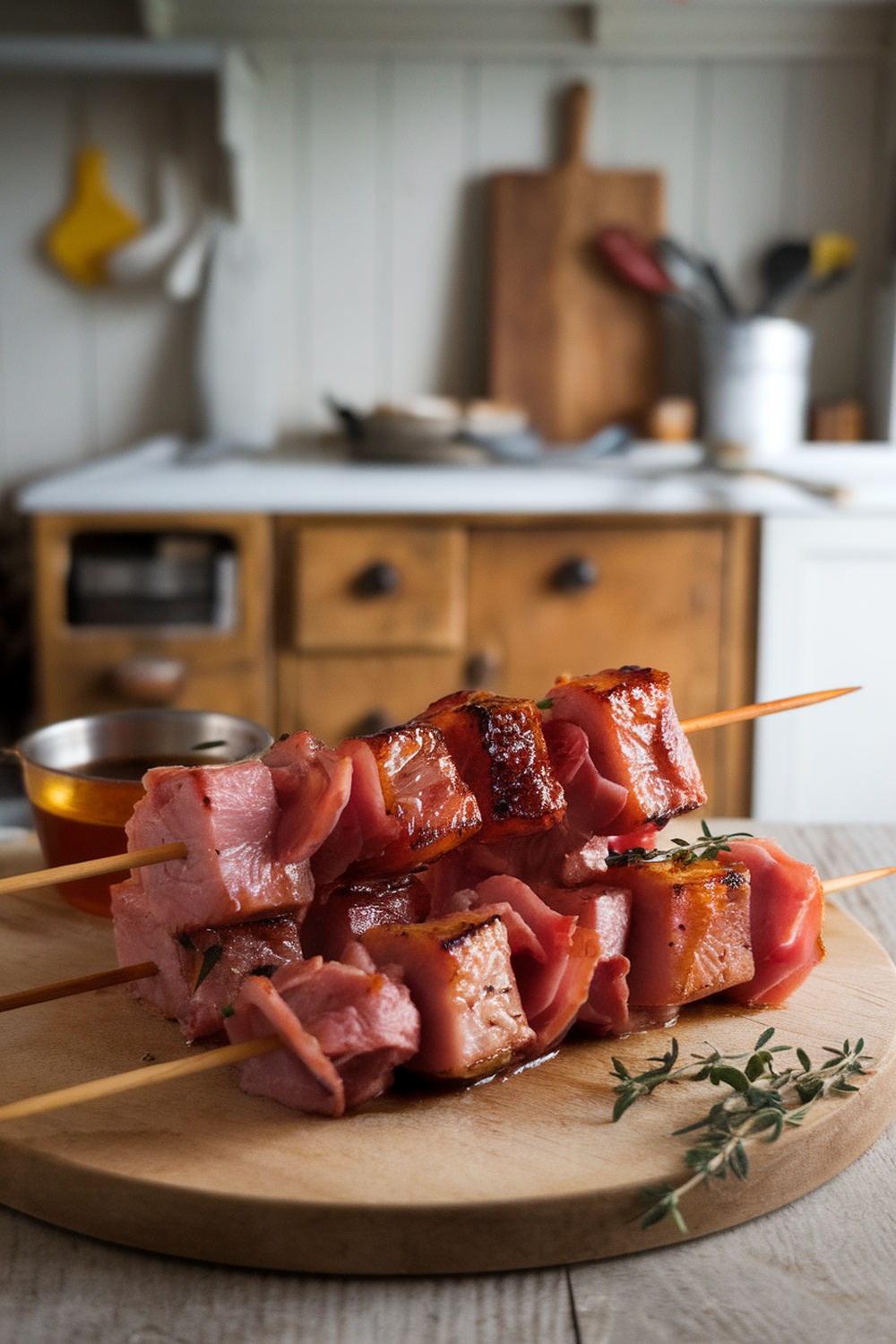Skewers of mead-glazed ham bites on a wooden board