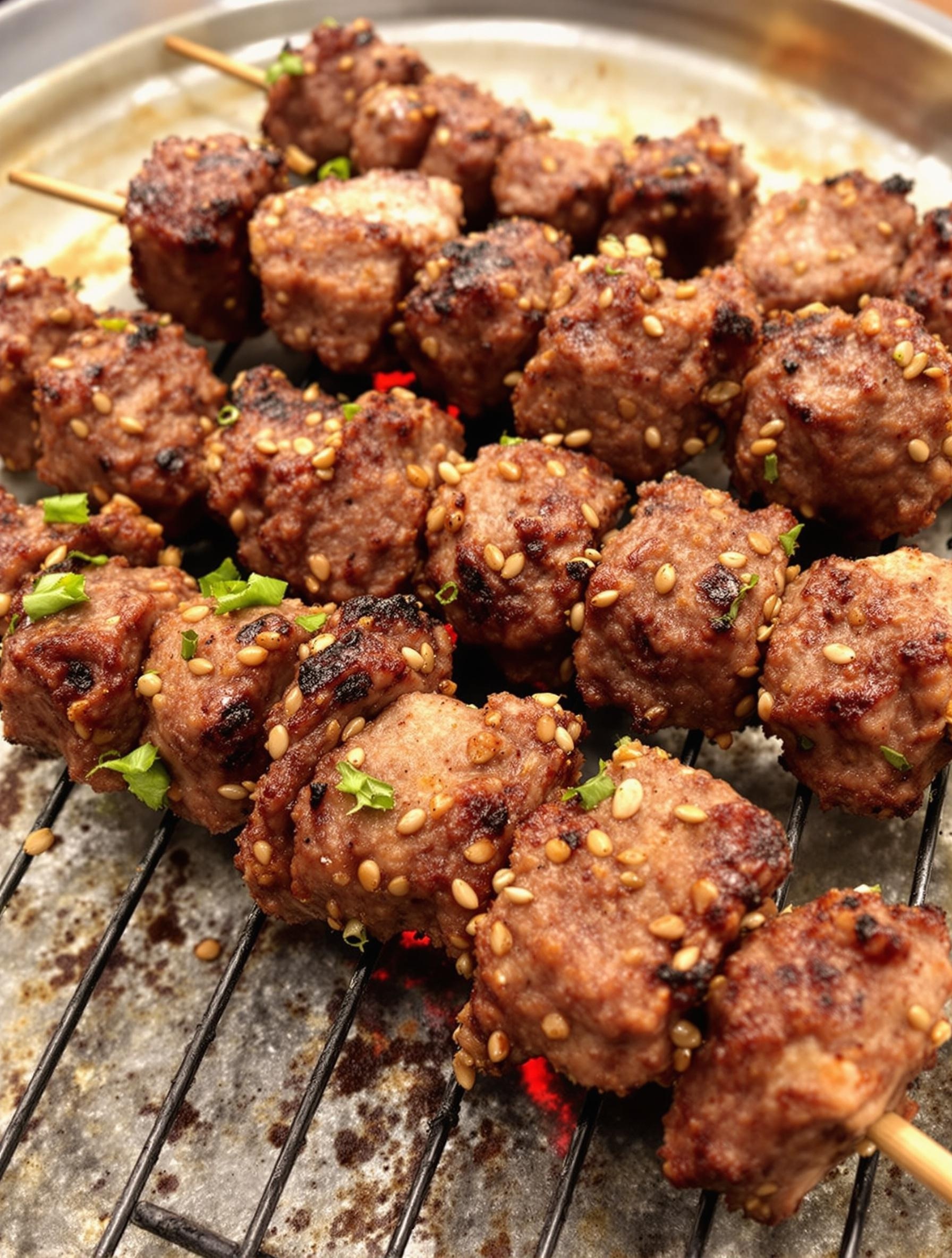 Lamb kebabs with mustard seeds on a grill