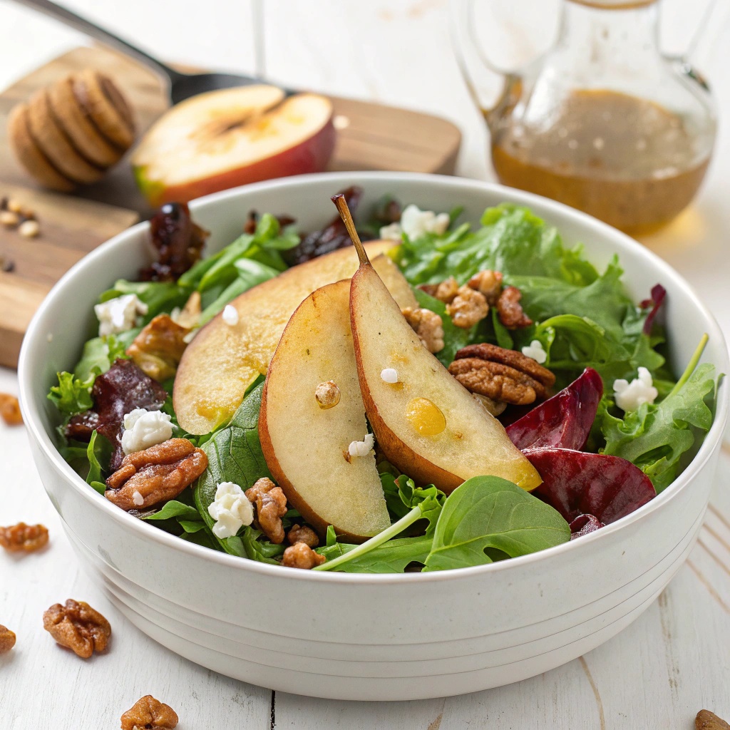 A fresh salad with pears and walnuts on a light background.