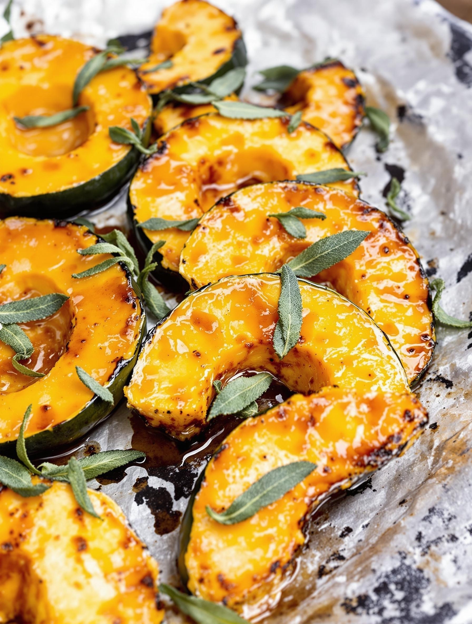 Grilled pumpkin rounds with sage leaves on a grill
