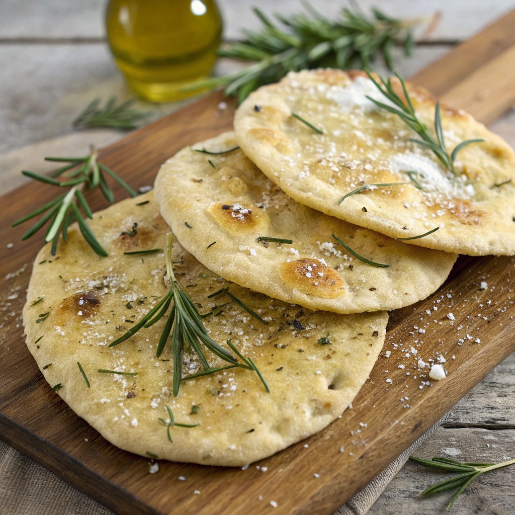 Rosemary and sea salt flatbreads arranged on a wooden board