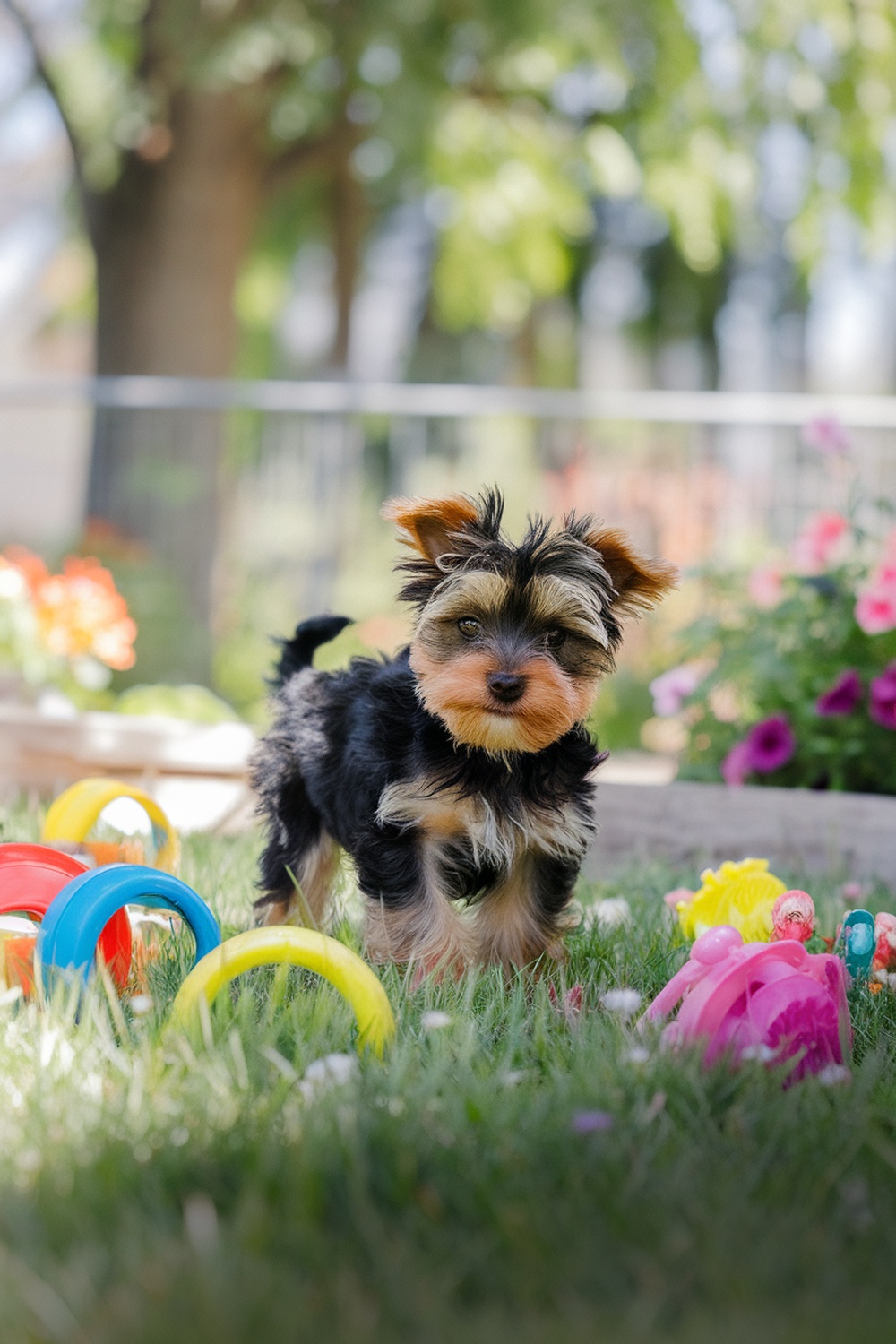 A playful brown Yorkie puppy surrounded by colorful toys in a garden.