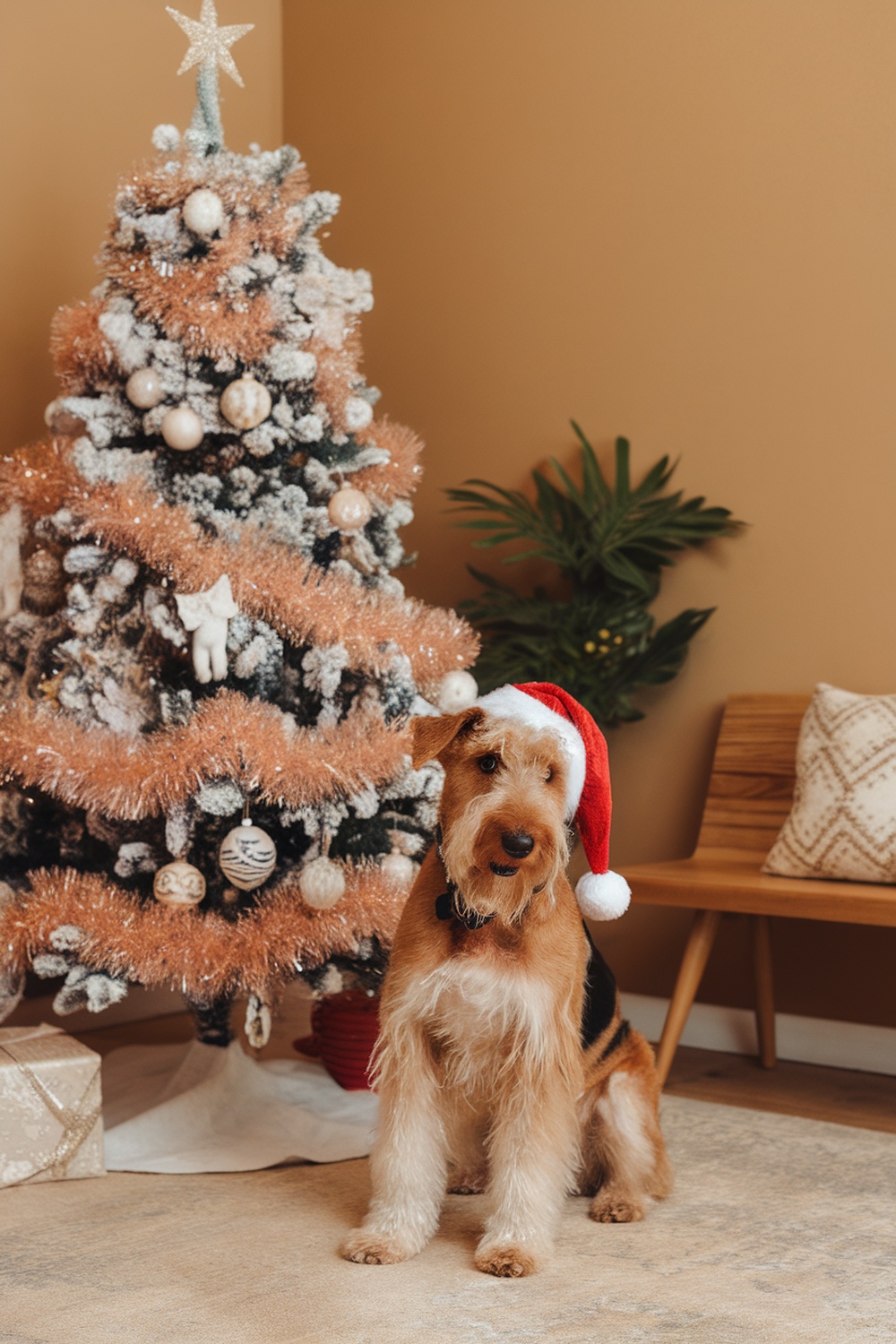 Airedale Terrier wearing a Santa hat in front of a Christmas tree