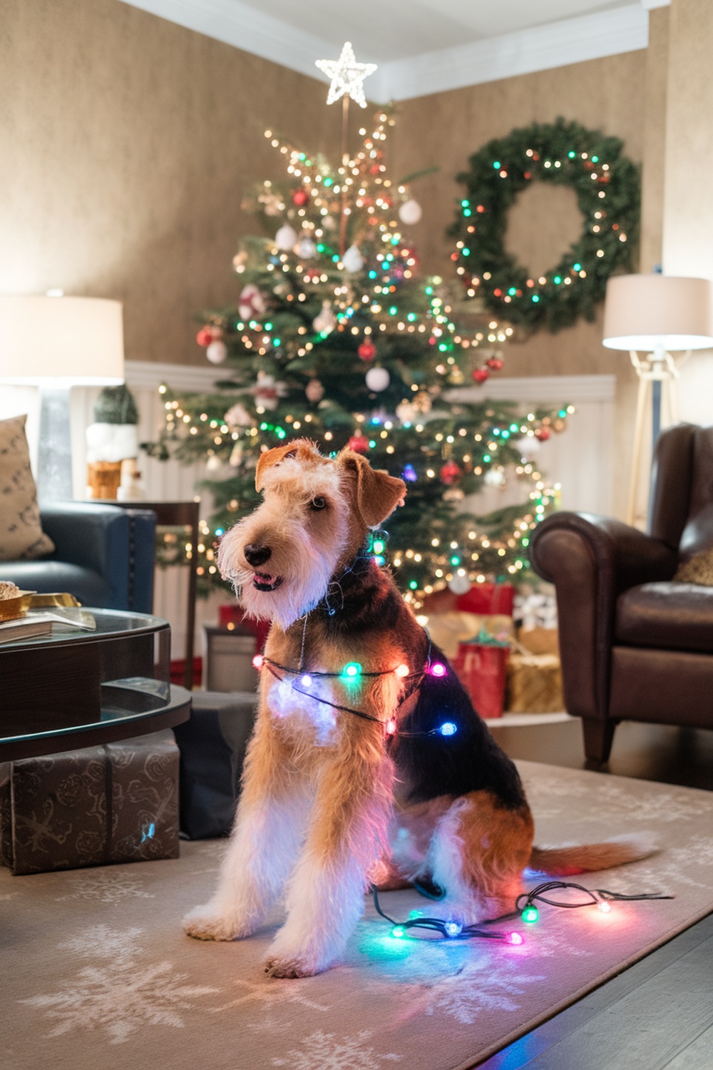 Airedale Terrier wrapped in colorful Christmas lights in a cozy holiday setting.