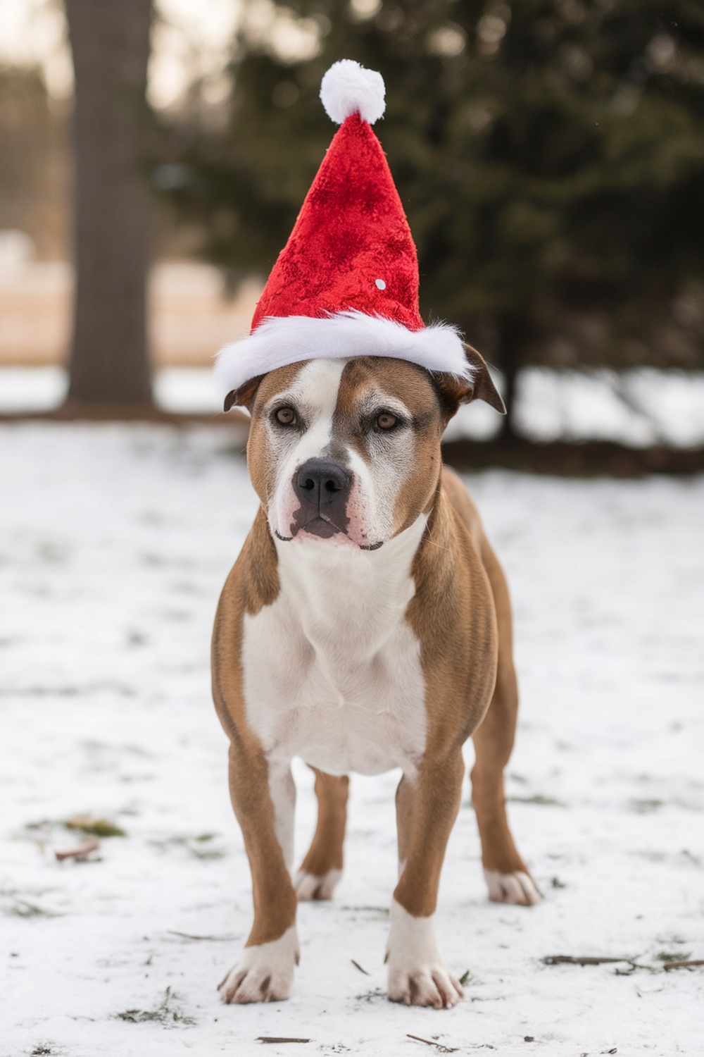 American Staffordshire Terrier wearing a red Christmas hat