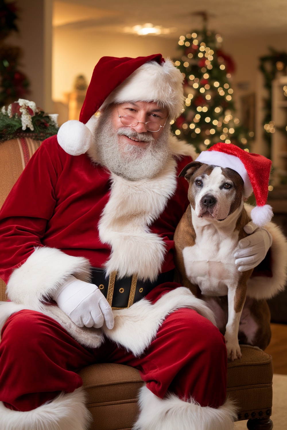 American Staffordshire Terrier sitting next to Santa Claus, both looking cheerful
