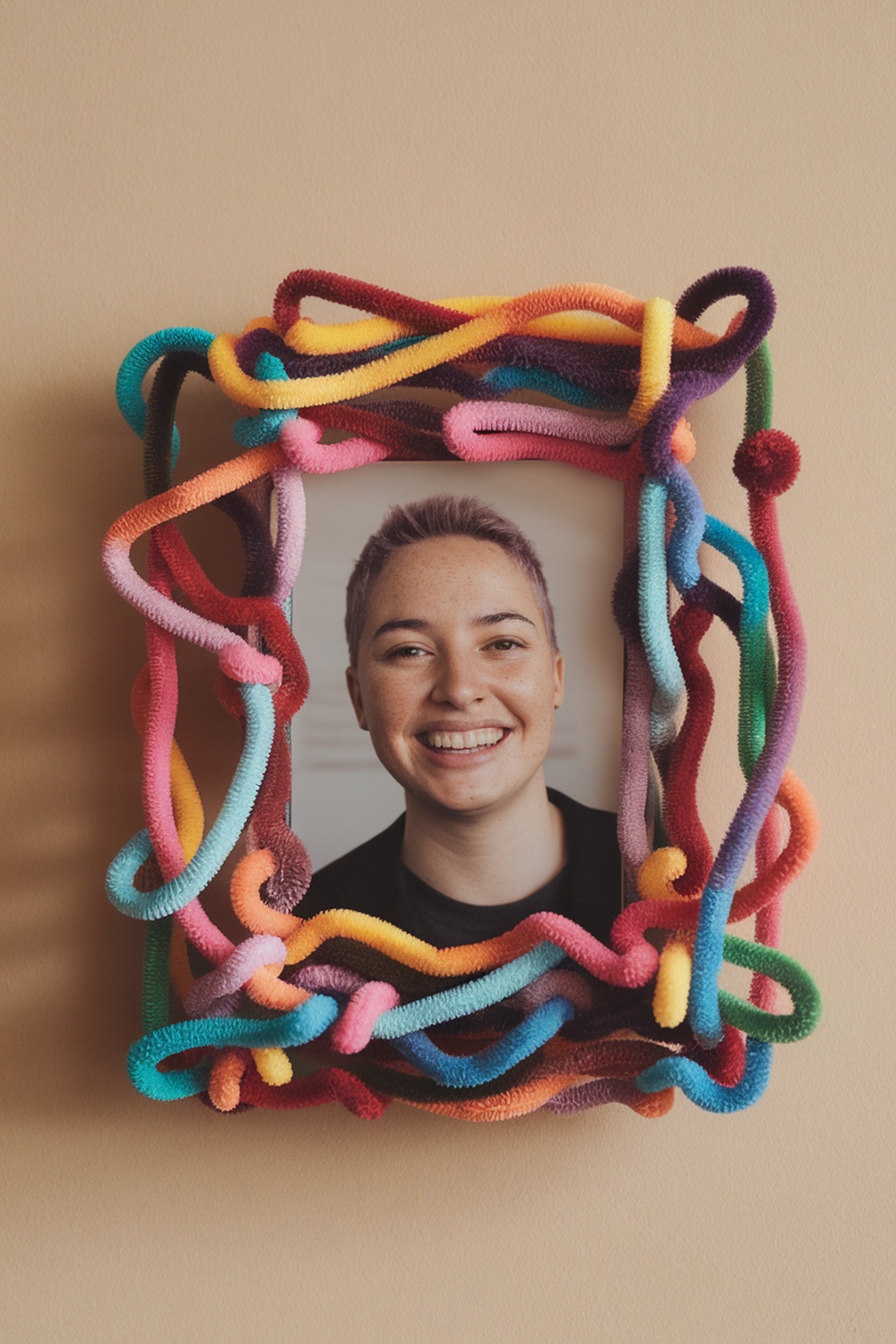 A colorful pipe cleaner frame surrounding a smiling person's photo.