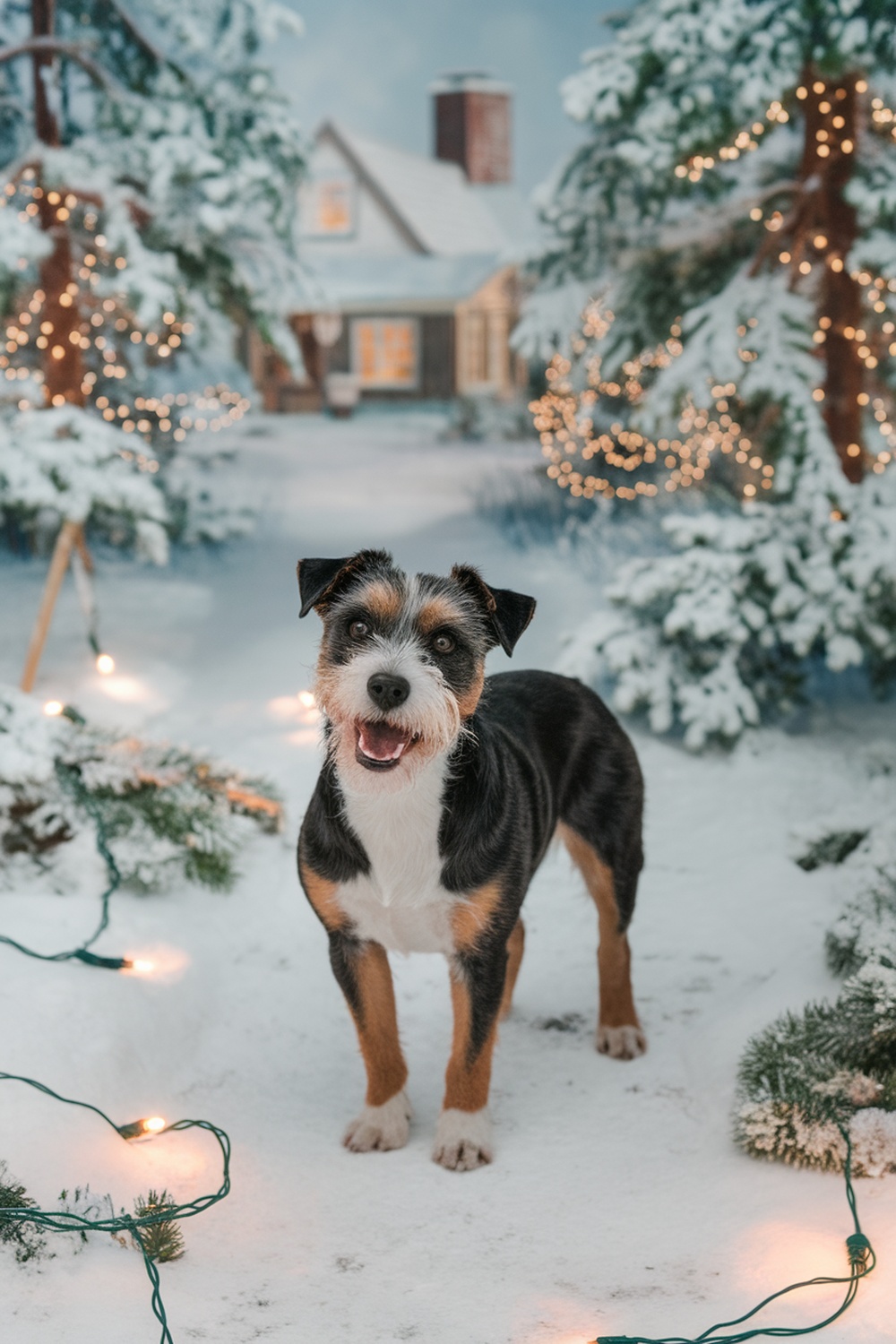 An Australian Terrier standing in the snow with a Christmas-themed background.
