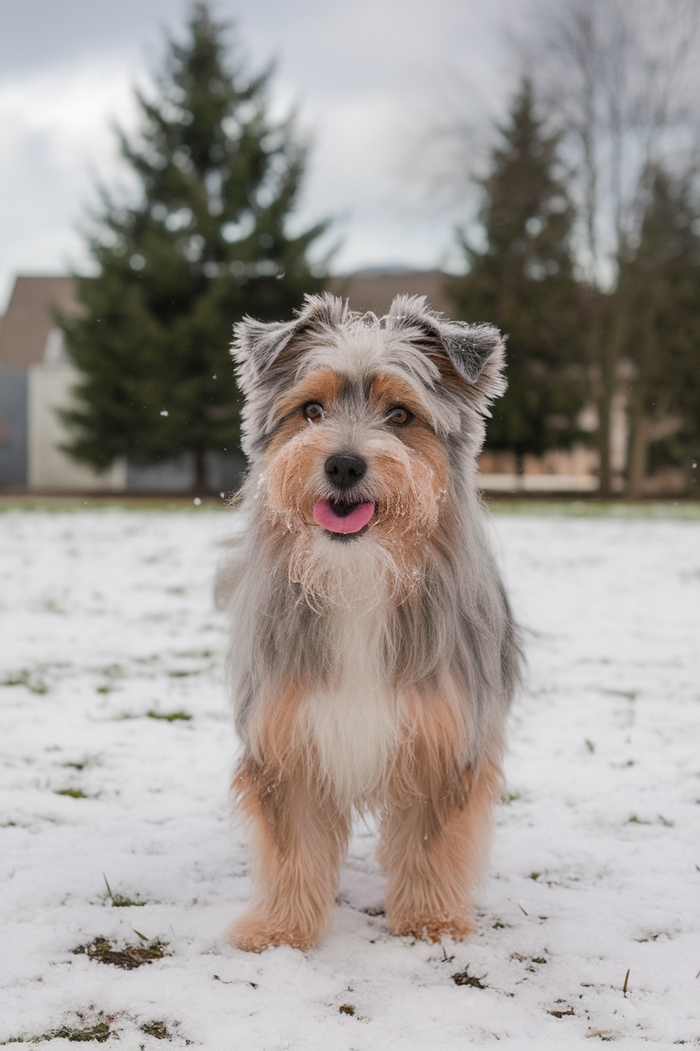 Australian Terrier standing in snow with a playful expression