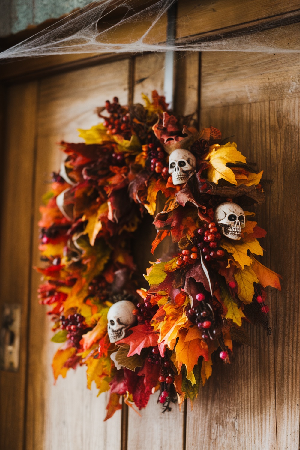 A colorful autumn leaf wreath featuring skulls, hanging on a wooden door.