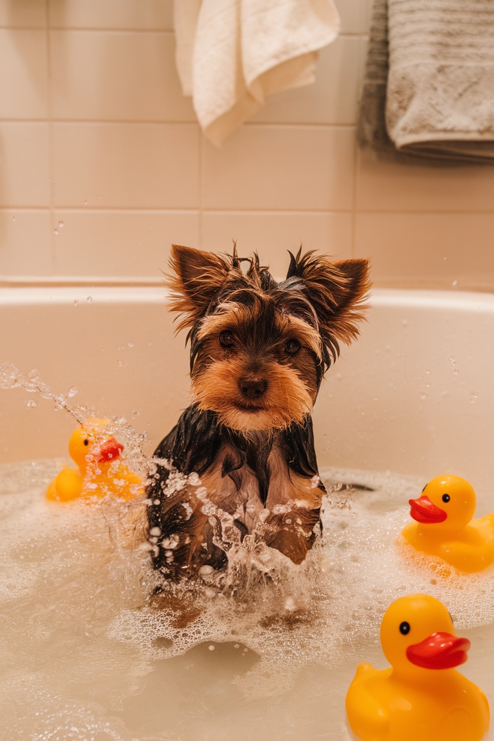 A brown Yorkie puppy enjoying bath time with rubber duckies and splashing water.