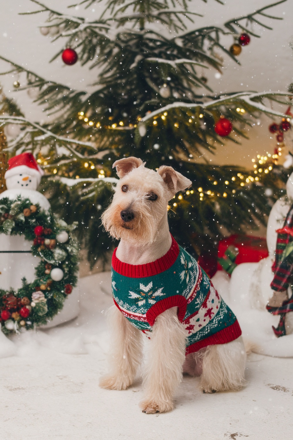 A Bedlington Terrier wearing a festive sweater in a Christmas setting with decorations.