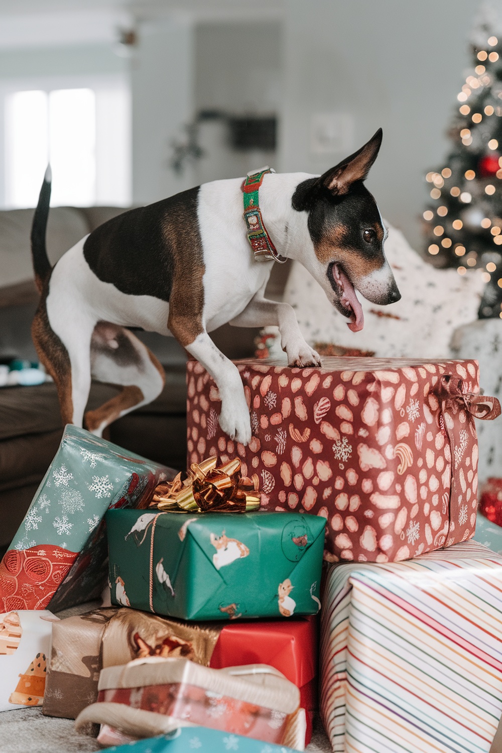 A Biewer Terrier playfully exploring holiday presents.