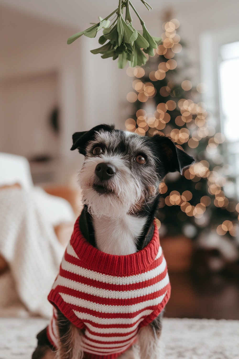 A Border Terrier wearing a red and white striped sweater, looking up at mistletoe with a Christmas tree in the background.