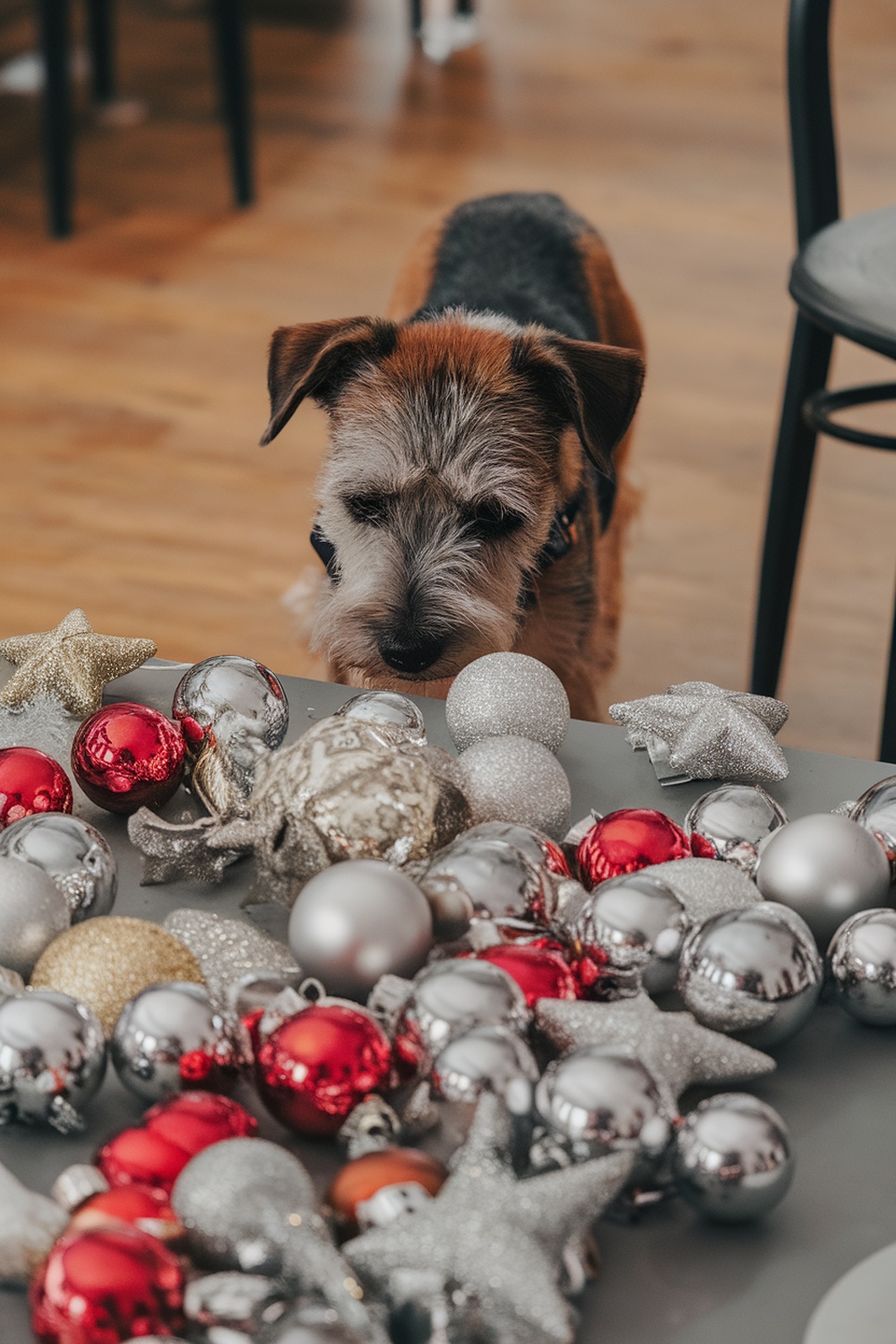 A Border Terrier looking at colorful Christmas ornaments on a table.