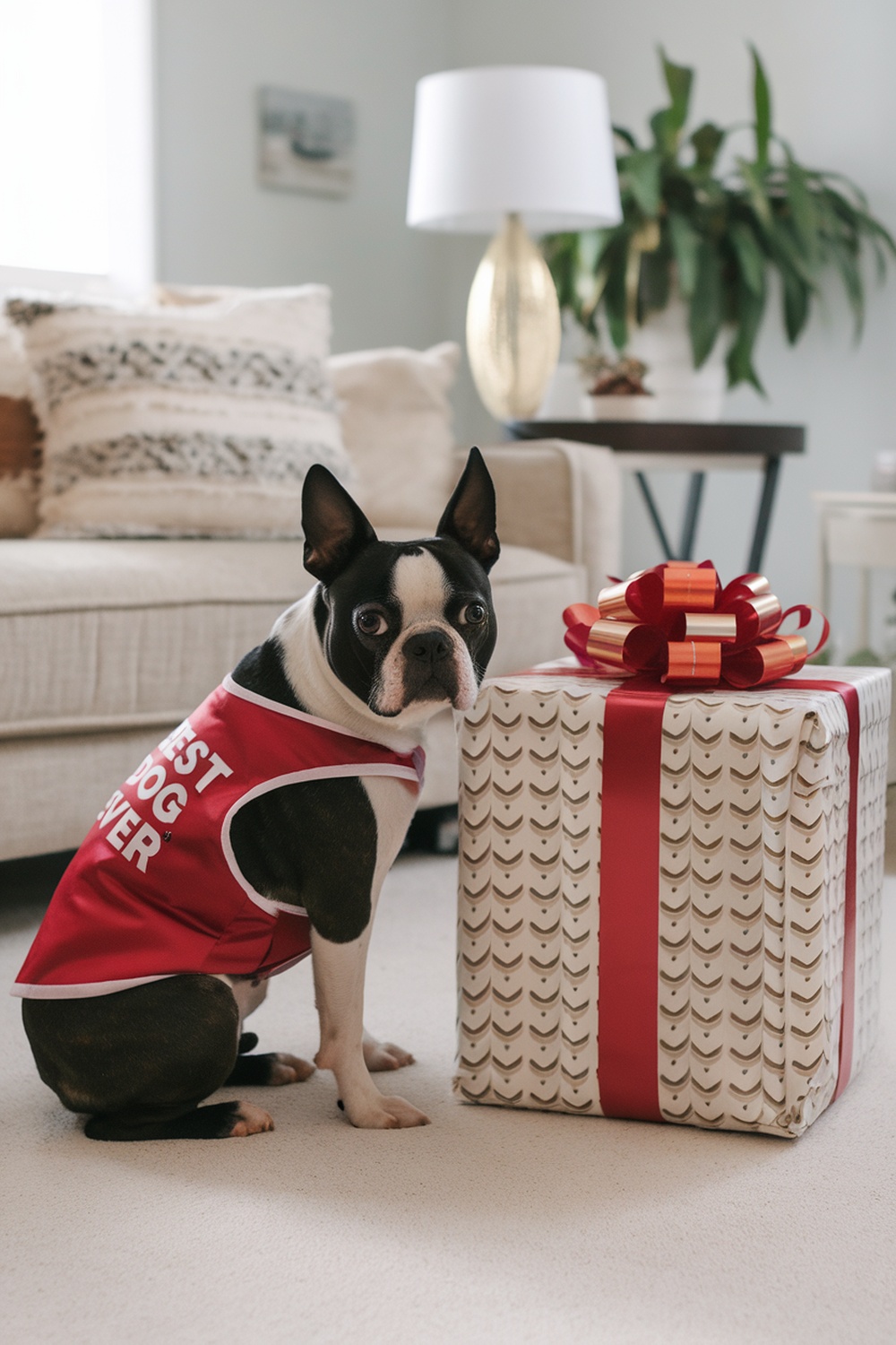 A Boston Terrier wearing a red outfit sits beside a gift box with a red ribbon.