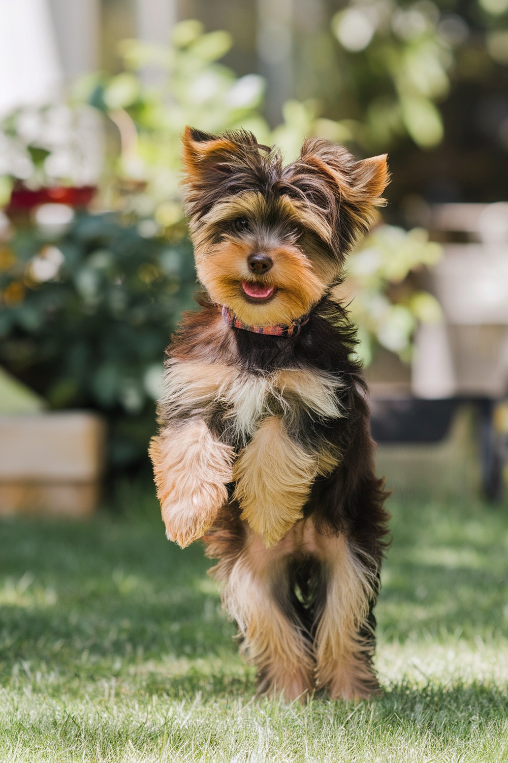 A playful brown Yorkie puppy running in the grass.