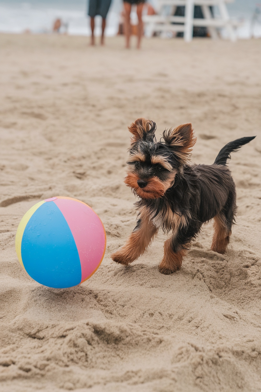 A brown Yorkie puppy playing with a colorful beach ball on the sand.