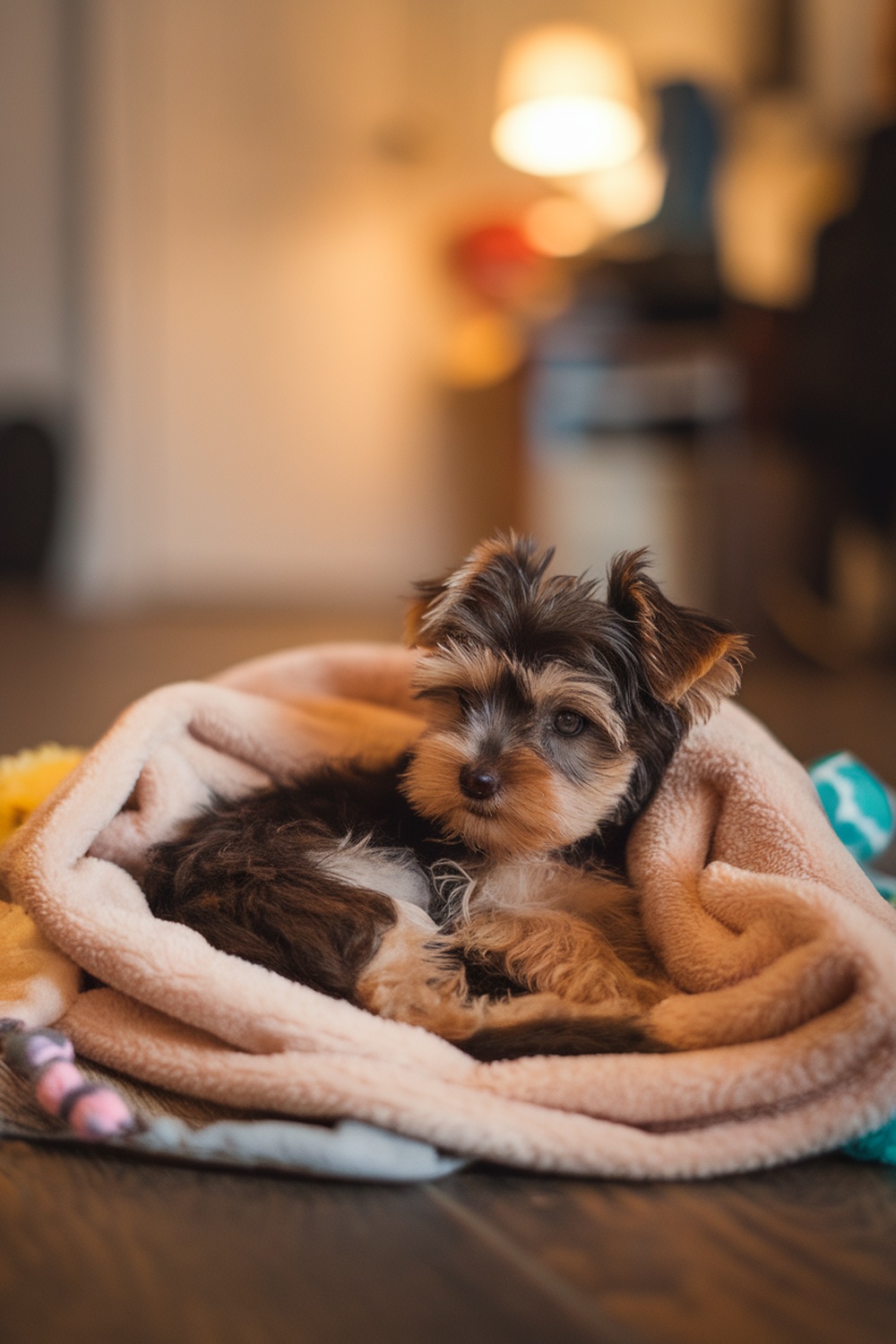 A brown Yorkie puppy wrapped in a soft blanket, looking cozy and content.