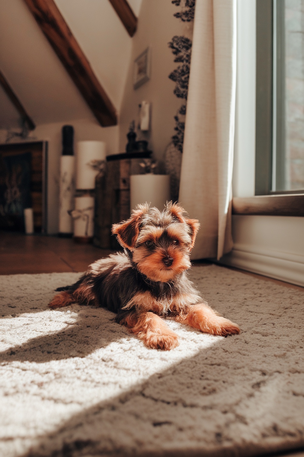 A brown Yorkie puppy lounging on a soft rug in a sunlit room.