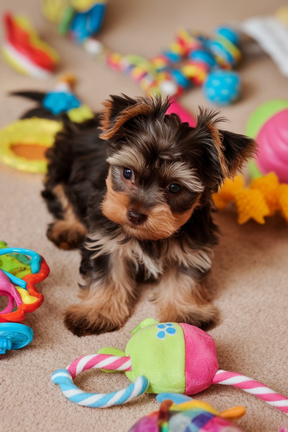 A brown Yorkie puppy playing with colorful toys on the floor.