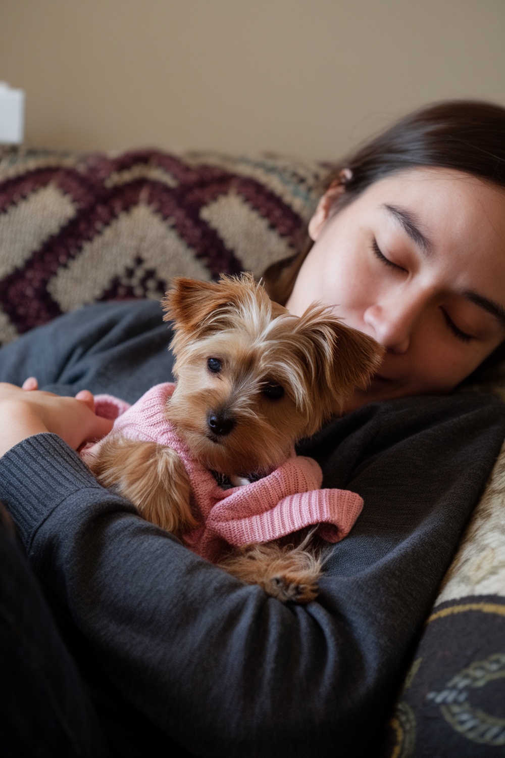 A person cuddling a brown Yorkie puppy on a couch.