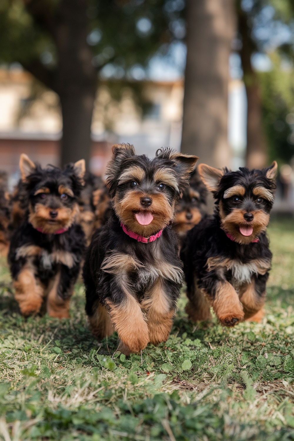 Four brown Yorkie puppies running in a park