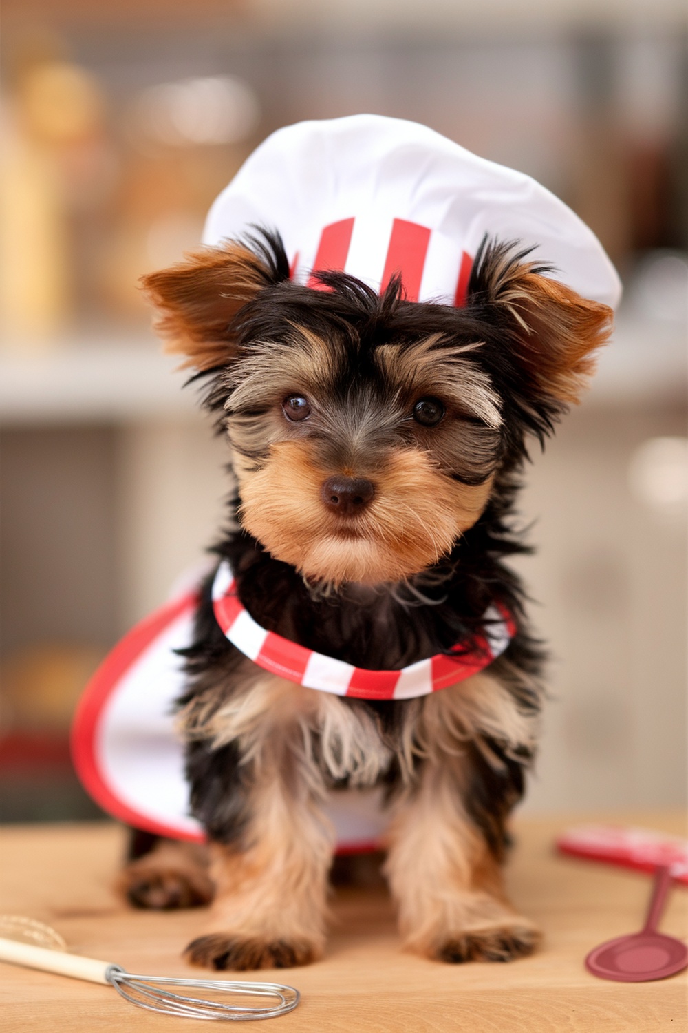 Brown Yorkie puppy dressed as a chef with a hat and apron.