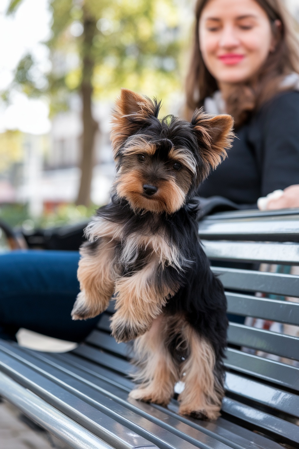 A brown Yorkie puppy standing on a bench, looking playful and curious.
