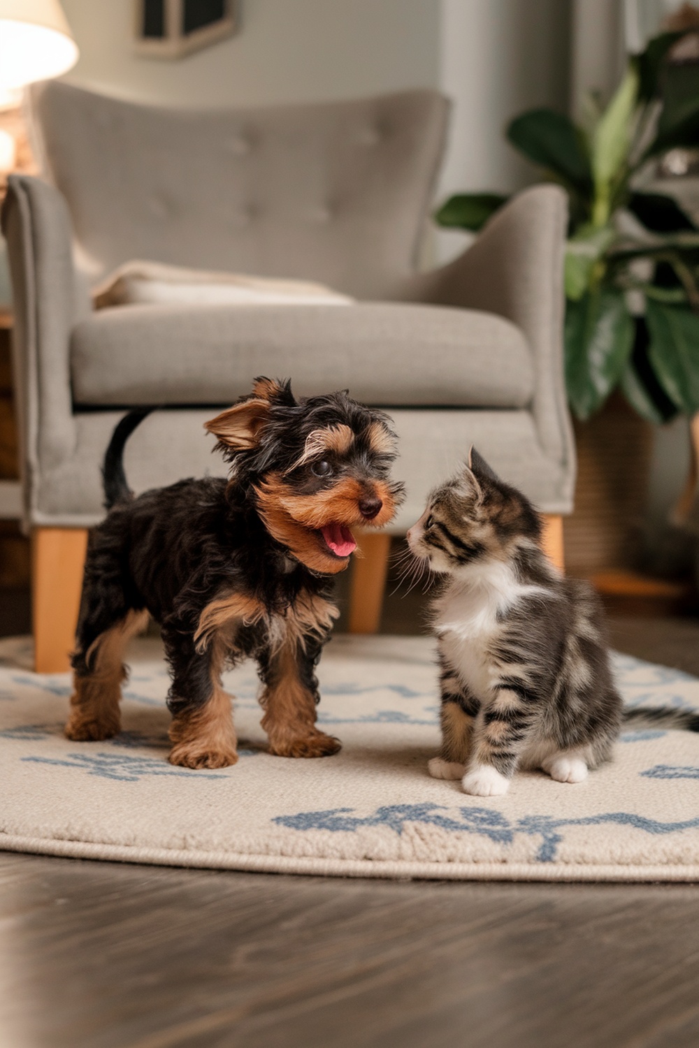 A brown Yorkie puppy interacting with a kitten on a rug.