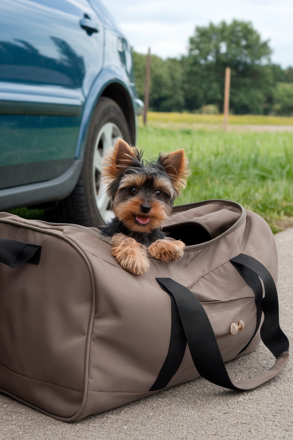 A brown Yorkie puppy peeking out of a travel bag next to a car.