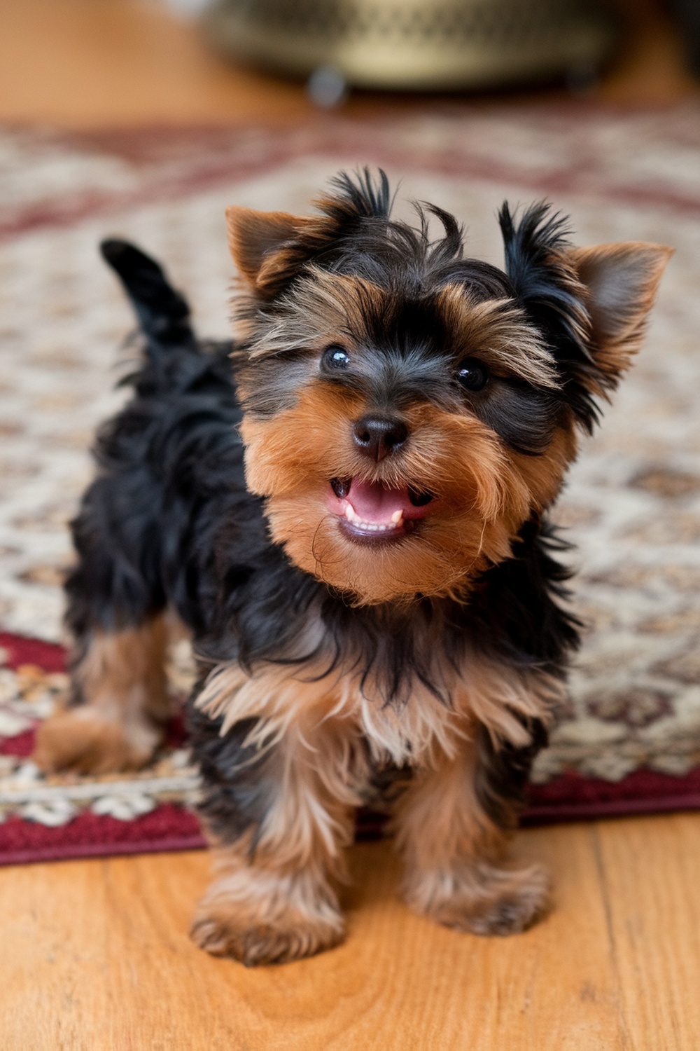 A cute brown Yorkie puppy with a happy expression.