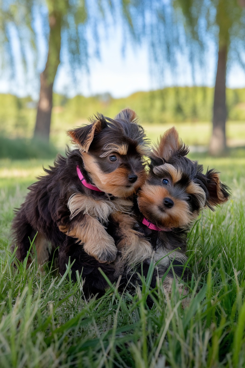 Two brown Yorkie puppies playing in the grass