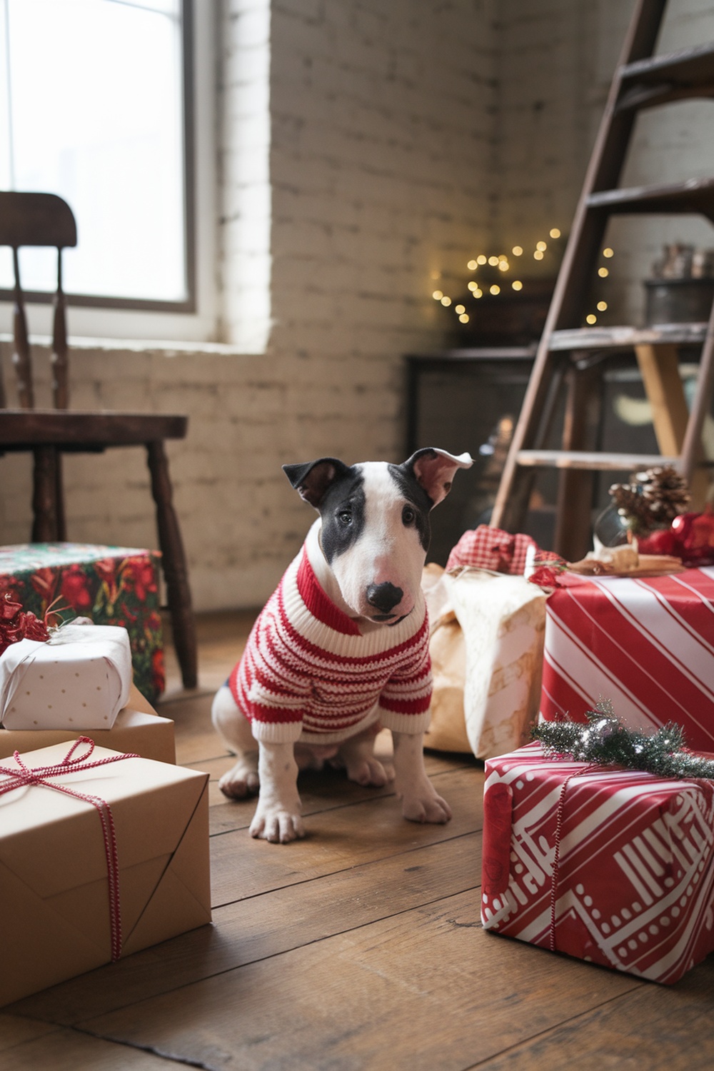 Bull Terrier in a red and white sweater sitting among Christmas gifts.