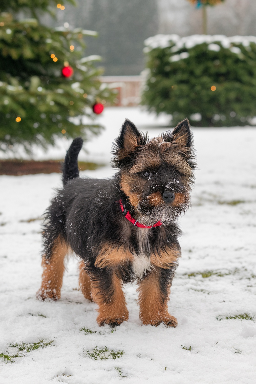 Cairn Terrier standing in snow with Christmas decorations in the background