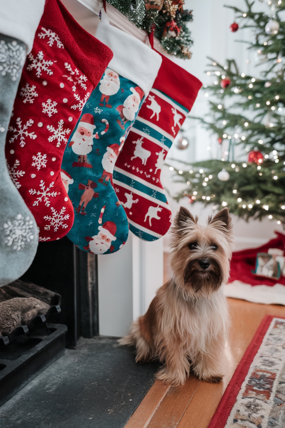 A Cairn Terrier sitting beside Christmas stockings decorated with festive patterns.