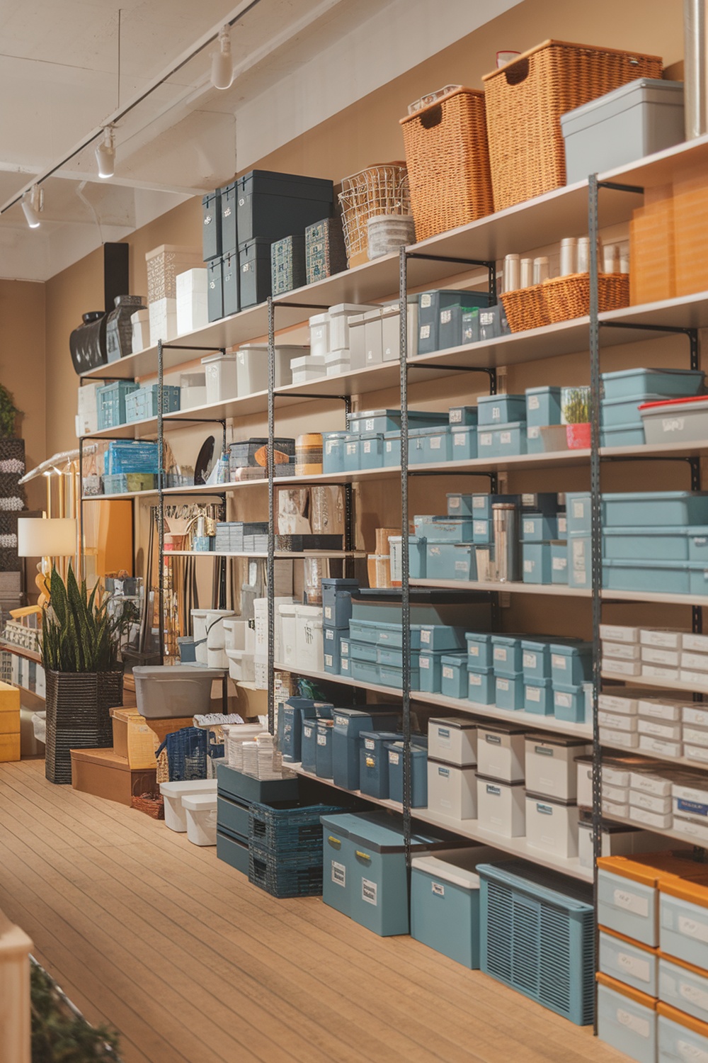 Organized storage room with shelves and labeled bins.
