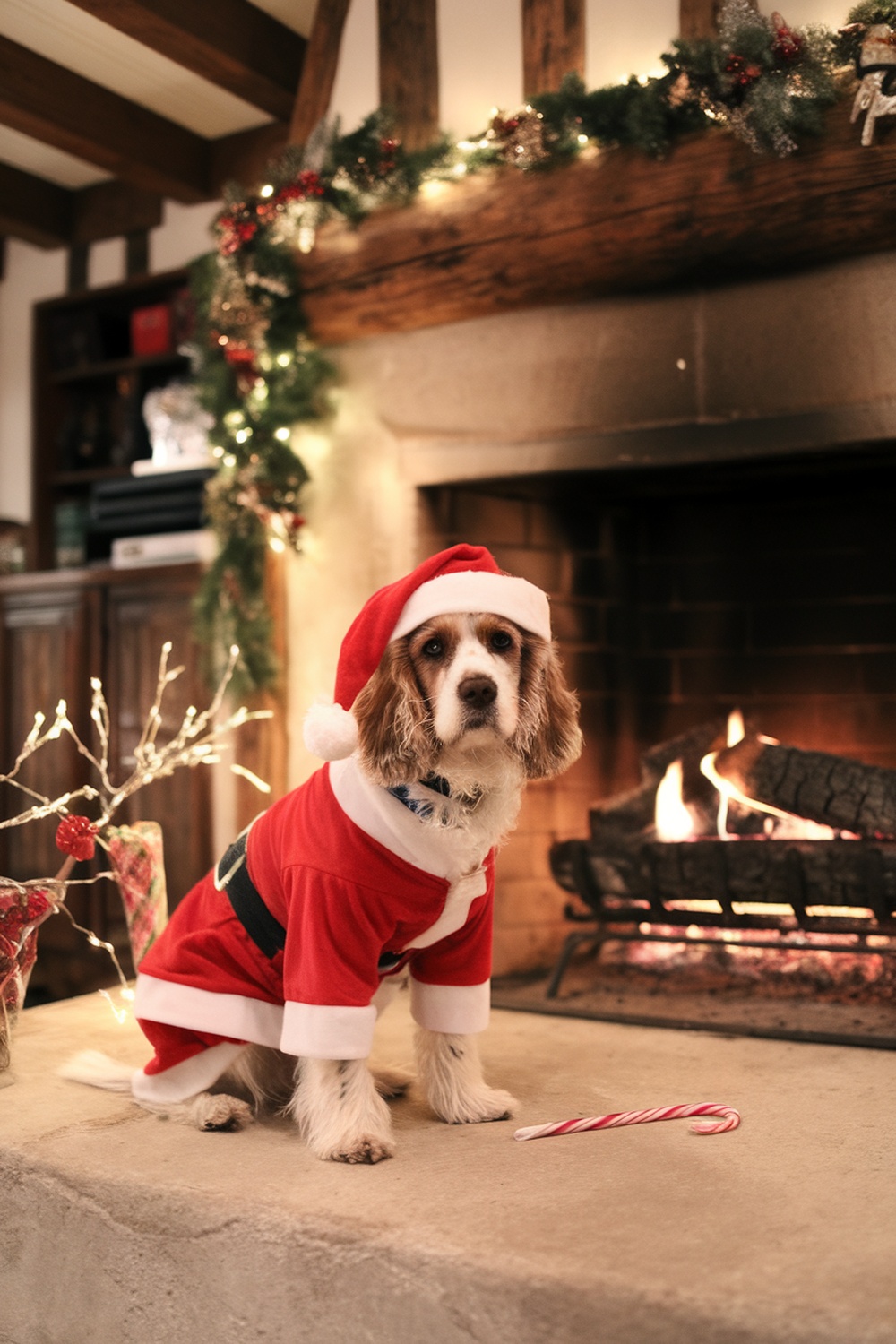 Cocker Spaniel Terrier mix wearing a Santa suit by a fireplace