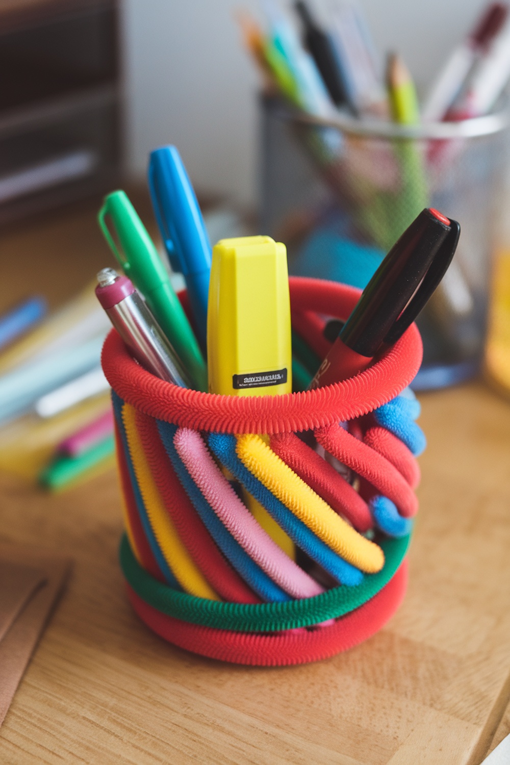 Colorful desk organizer made from pipe cleaners holding various writing instruments.