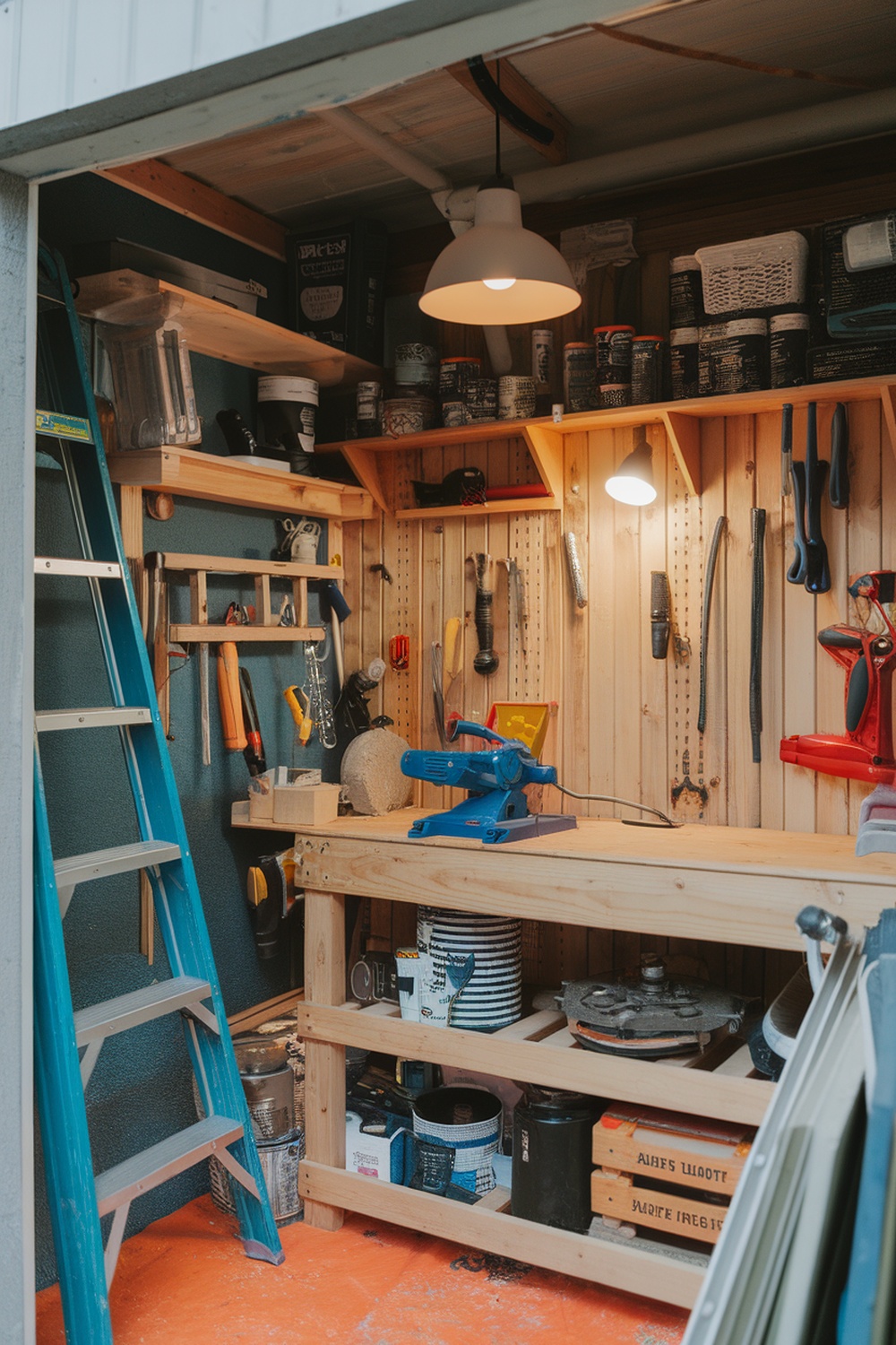 Organized small shed workspace with tools and a workbench.
