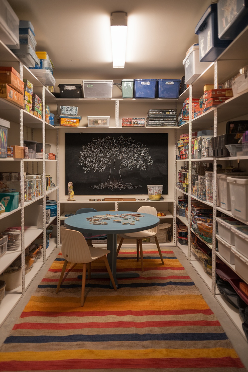 Organized storage room with a table for family activities and colorful storage bins.