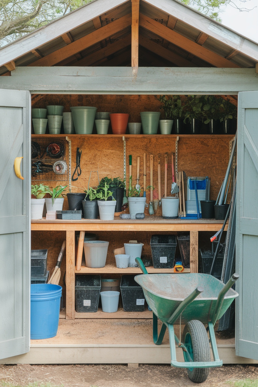 Organized potting station inside a small shed with shelves full of pots and gardening tools.