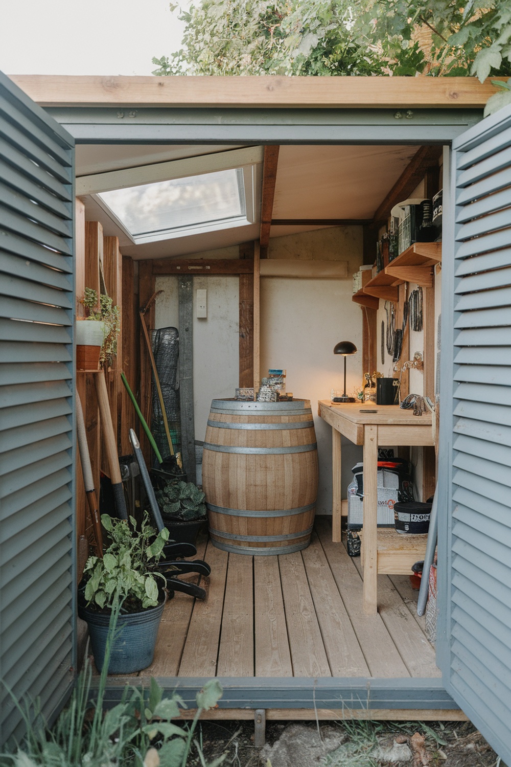Interior of a small shed organized into different zones for gardening and workspace.