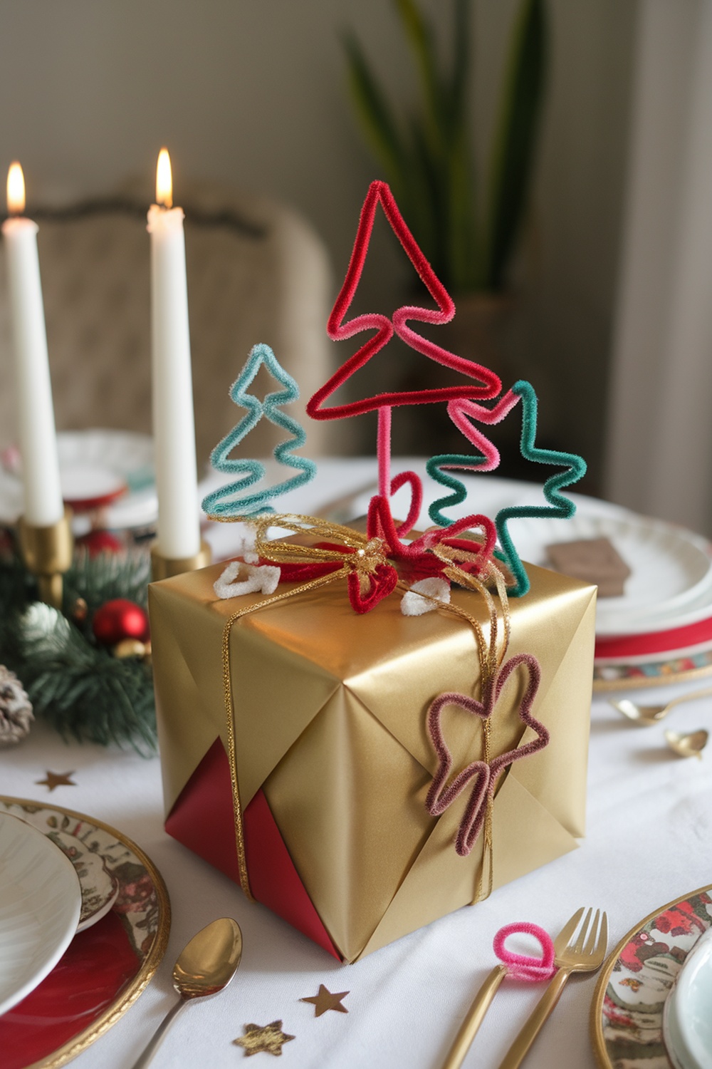 A beautifully wrapped gift with pipe cleaner decorations, featuring colorful trees and a gold ribbon.