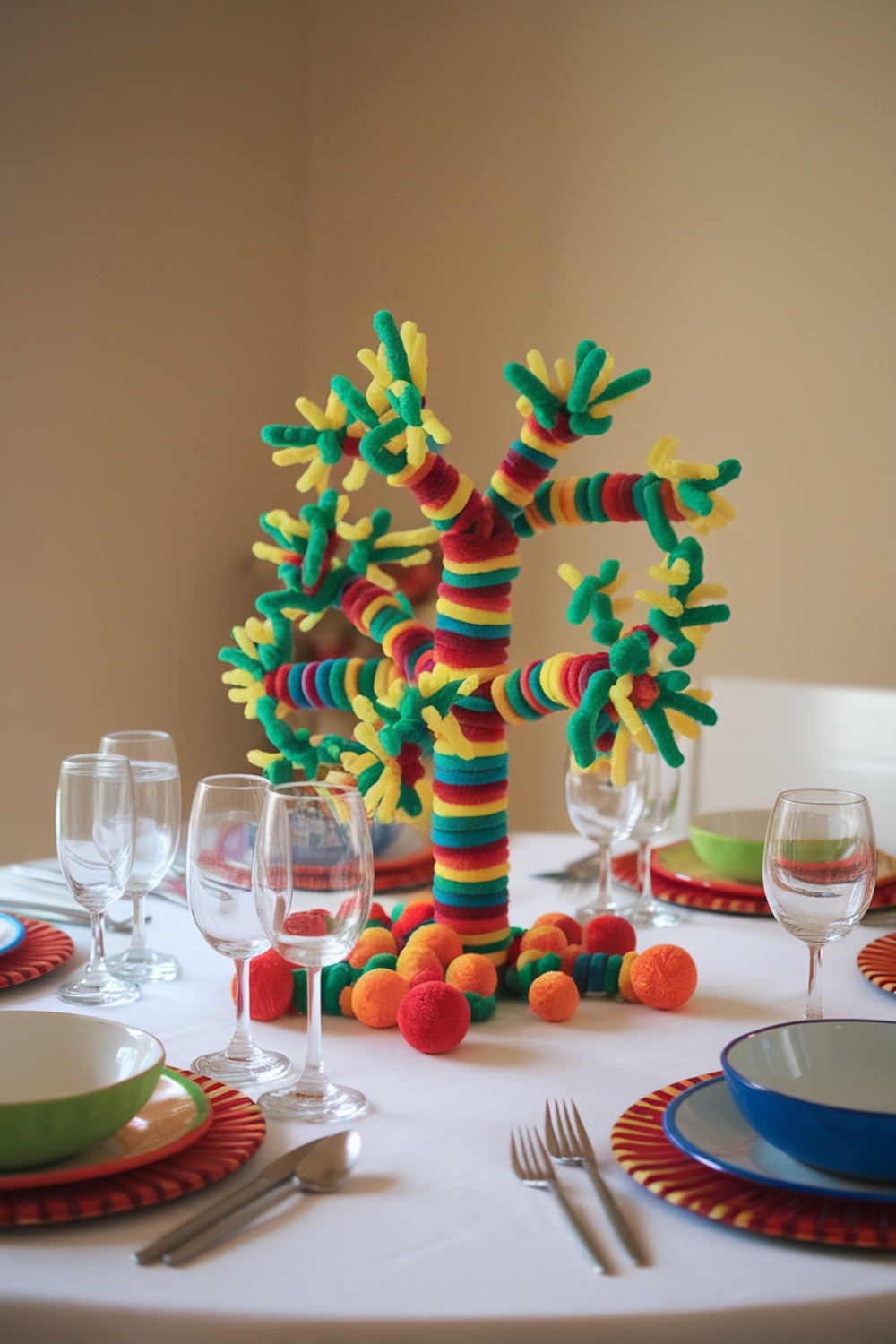 Colorful pipe cleaner tree centerpiece on a dining table.